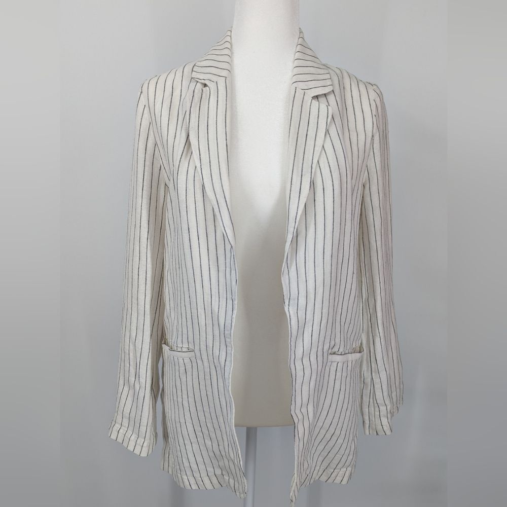 Rachel Zoe Linen White and Black Pinstriped Open Front Collared Blazer Small